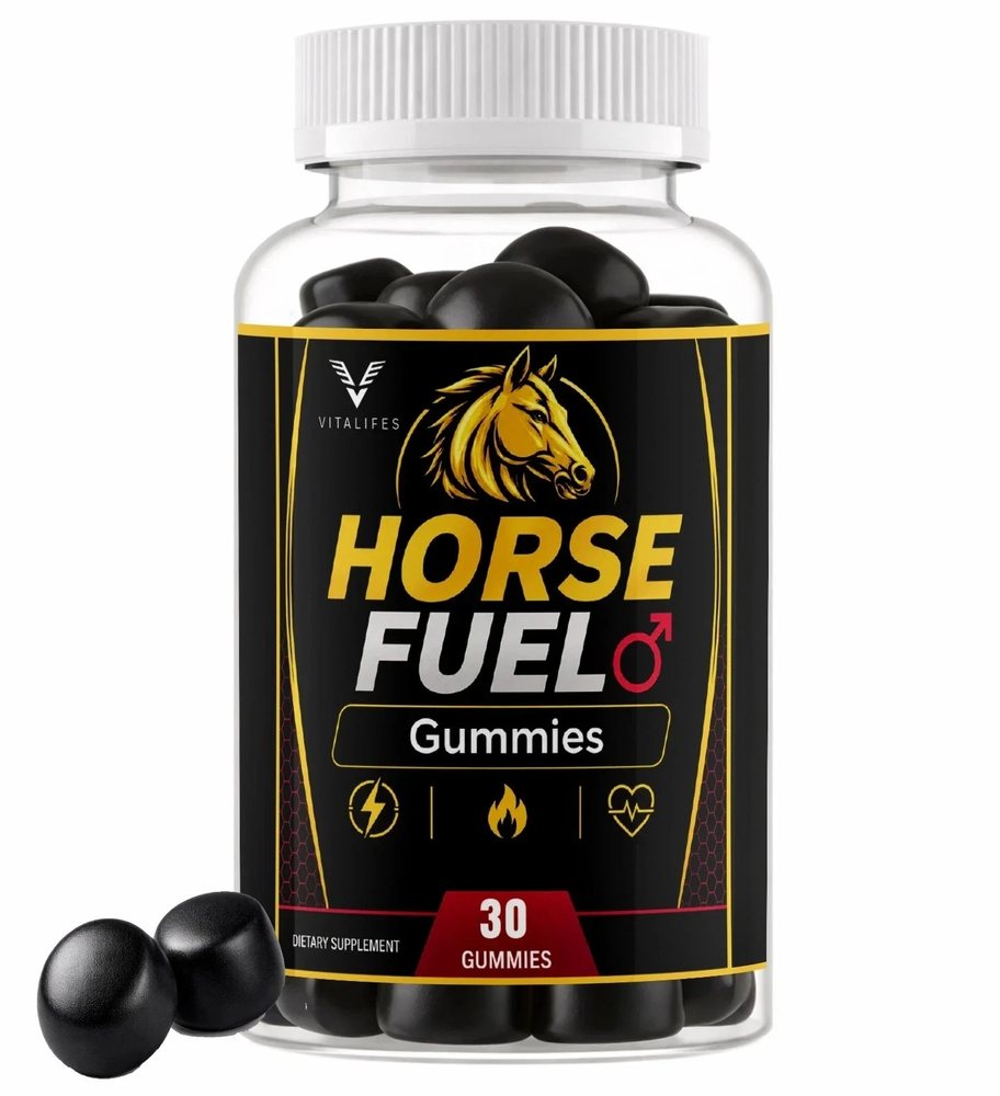Horse Fuel jar photographed with loose black gummies beside it