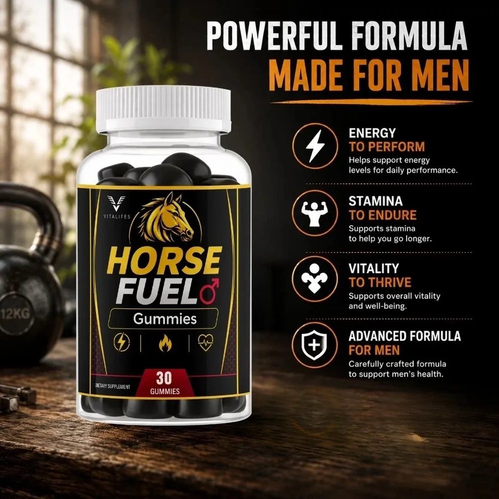 Horse Fuel marketing panel headlined Powerful formula made for men, listing energy, stamina, vitality and advanced formula