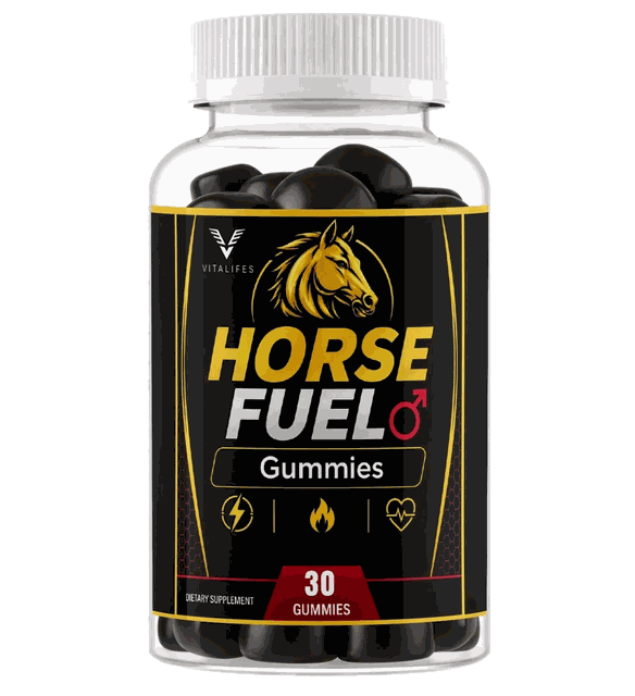 Horse Fuel gummies bottle: a clear jar of black gummies with a black and gold label showing a gold horse head, the words Horse Fuel Gummies and 30 Gummies