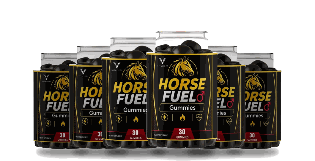 Six Horse Fuel gummy bottles in a row